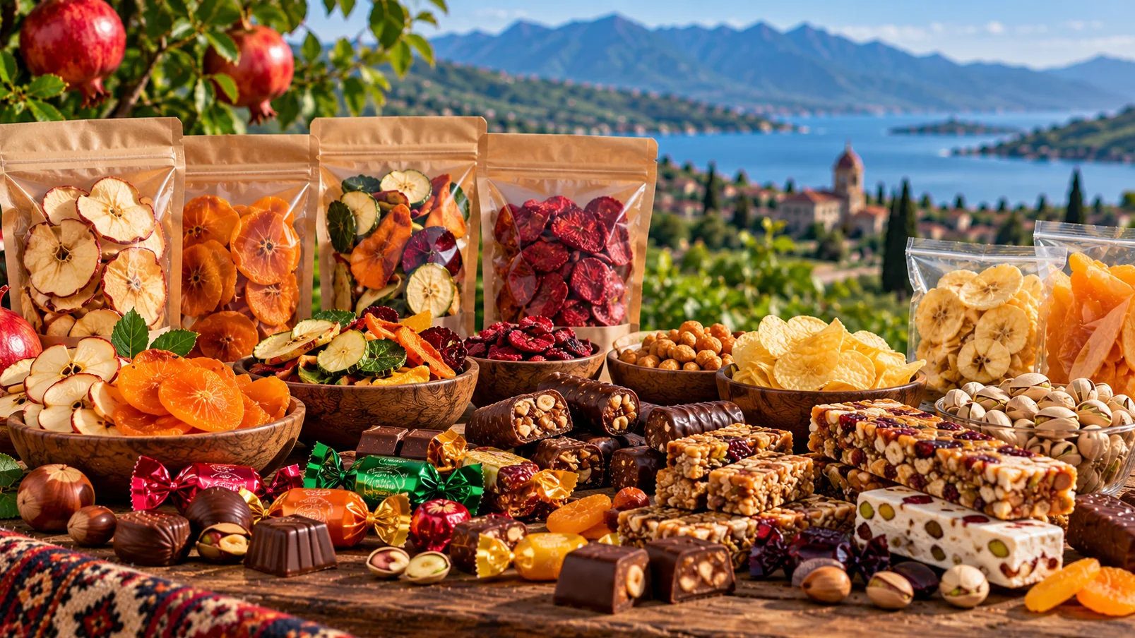 Chocolates, wrapped sweets, nut bars, nougat and dried fruit snacks on a wooden table