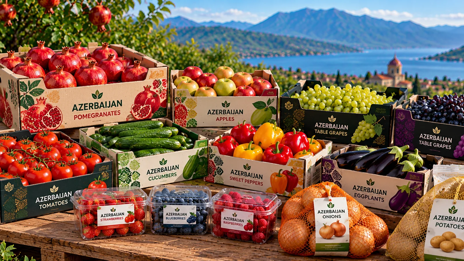Crates of pomegranates, apples, grapes, tomatoes, cucumbers, peppers and berries on a wooden platform