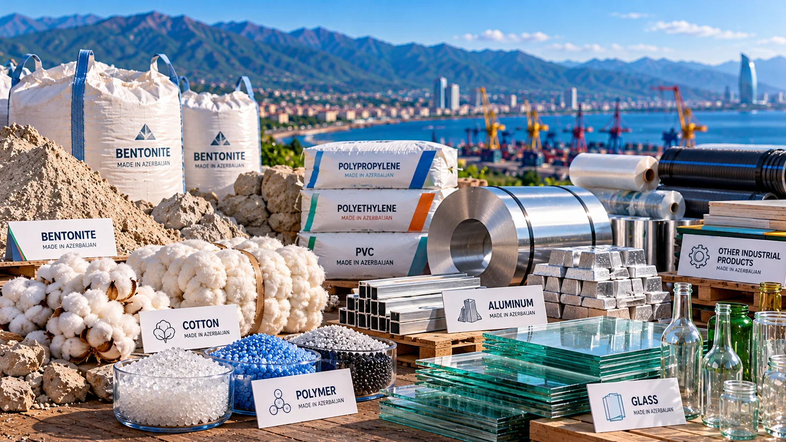 Bulk bags, polymer granules, cotton, aluminium, sheet glass and other industrial materials near a harbour