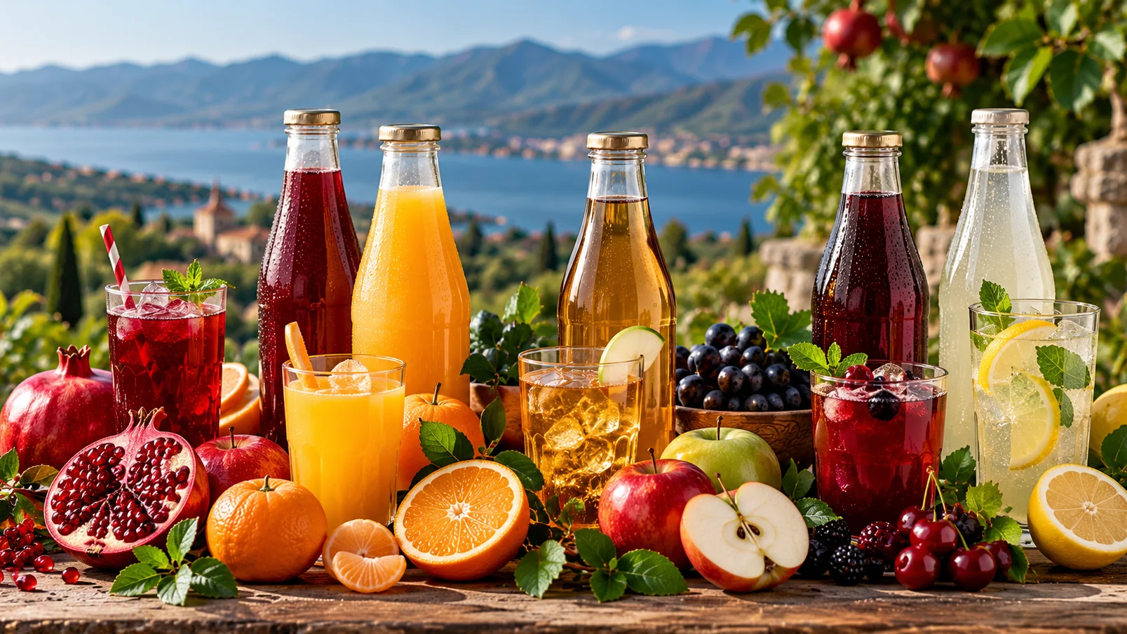 Bottles and glasses of fruit juices and soft drinks surrounded by pomegranates, oranges, apples and lemons