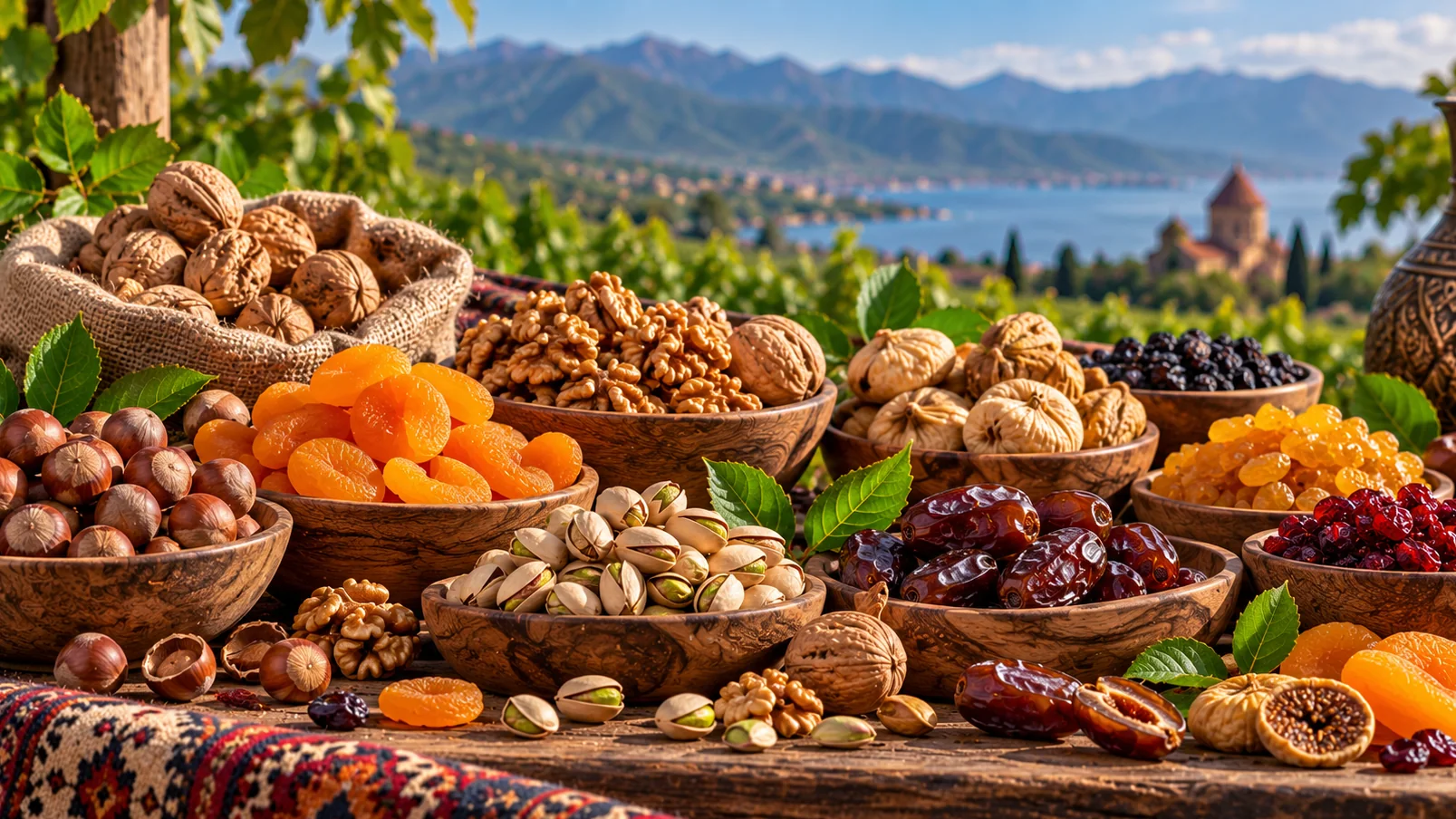 Wooden bowls of hazelnuts, walnuts, pistachios, dried apricots, figs and dates on a table outdoors