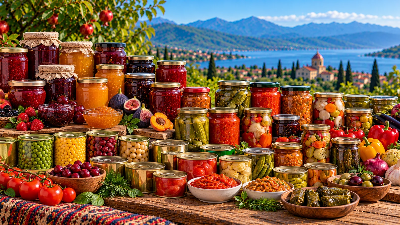 Rows of jars of fruit jams, preserves and pickled vegetables with fresh fruit on a terrace