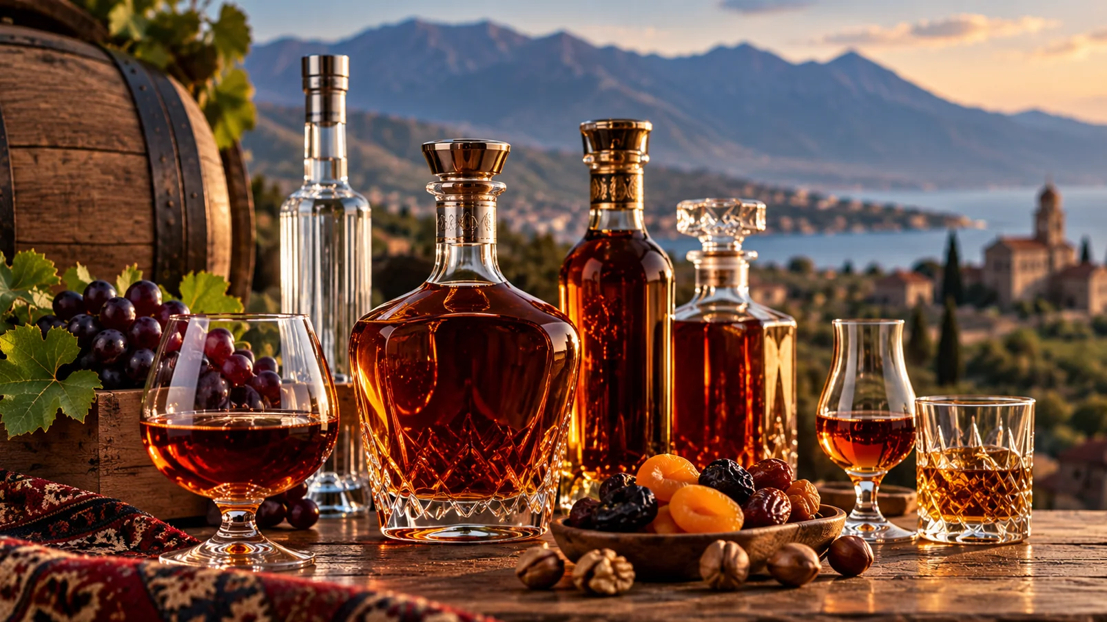 Crystal decanters and glasses of brandy with dried fruit and nuts on a wooden table at sunset