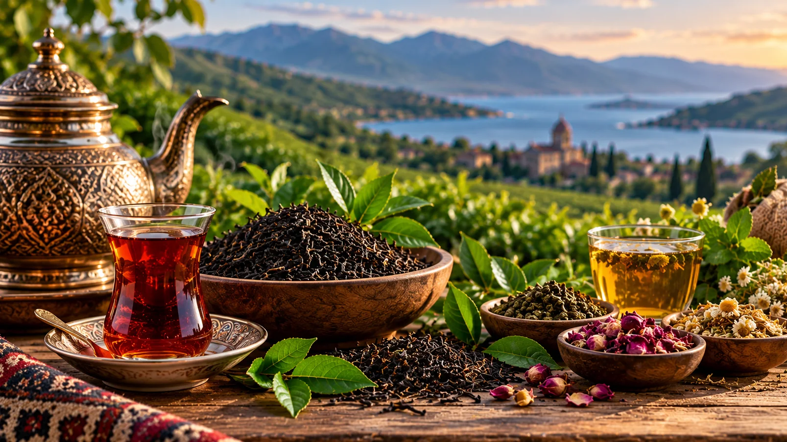 A glass of black tea beside an engraved teapot, bowls of loose-leaf tea and herbal infusions on a terrace