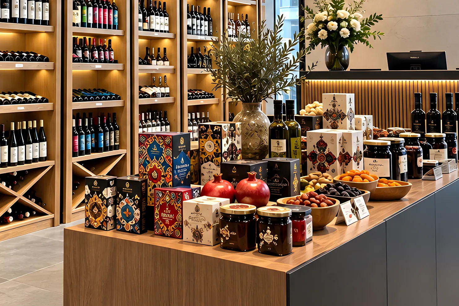 A display table of Azerbaijani wines, preserves, nuts and gift boxes in front of shelves of wine