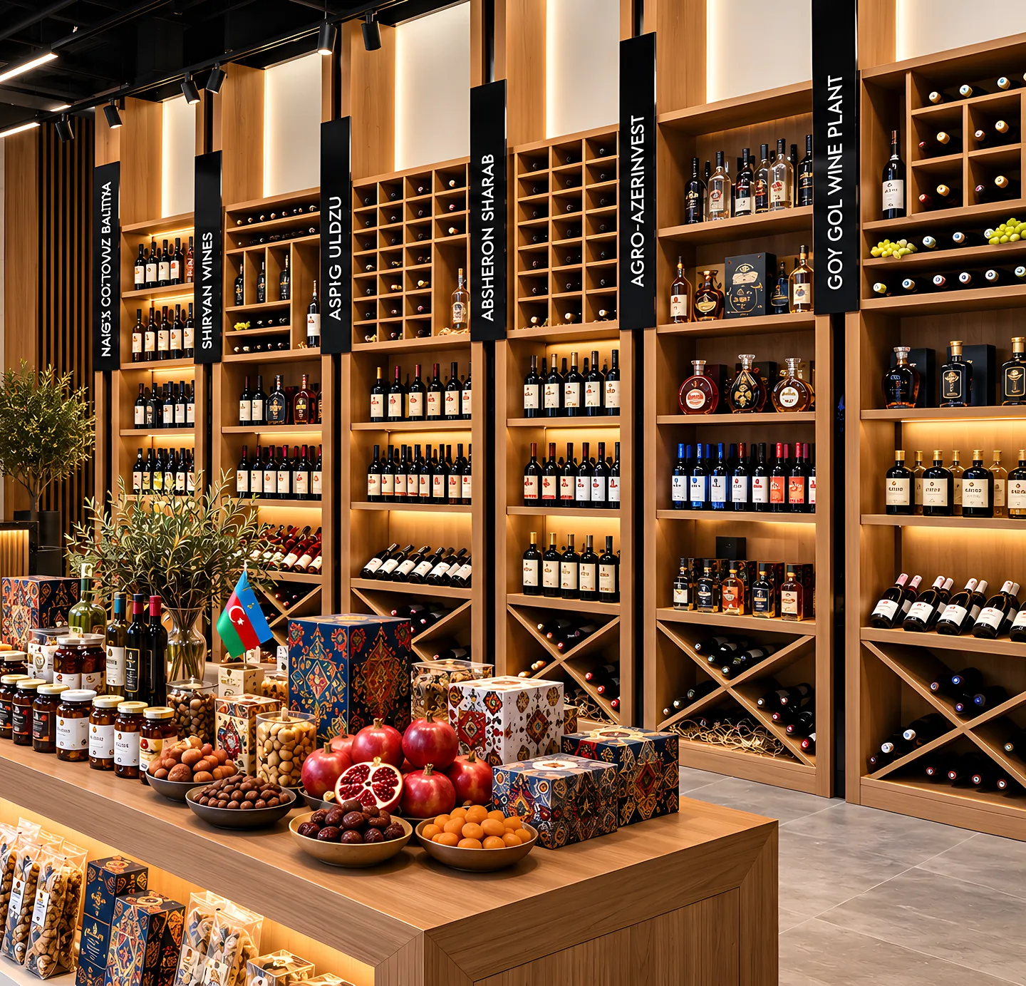 A showroom with tall wooden shelving of wines and a display table of preserves, nuts, pomegranates and patterned gift boxes