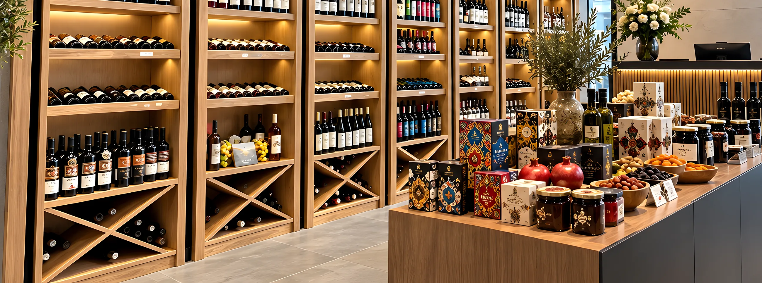 A showroom with a wall of Azerbaijani wines and a display table of preserves, nuts and gift boxes